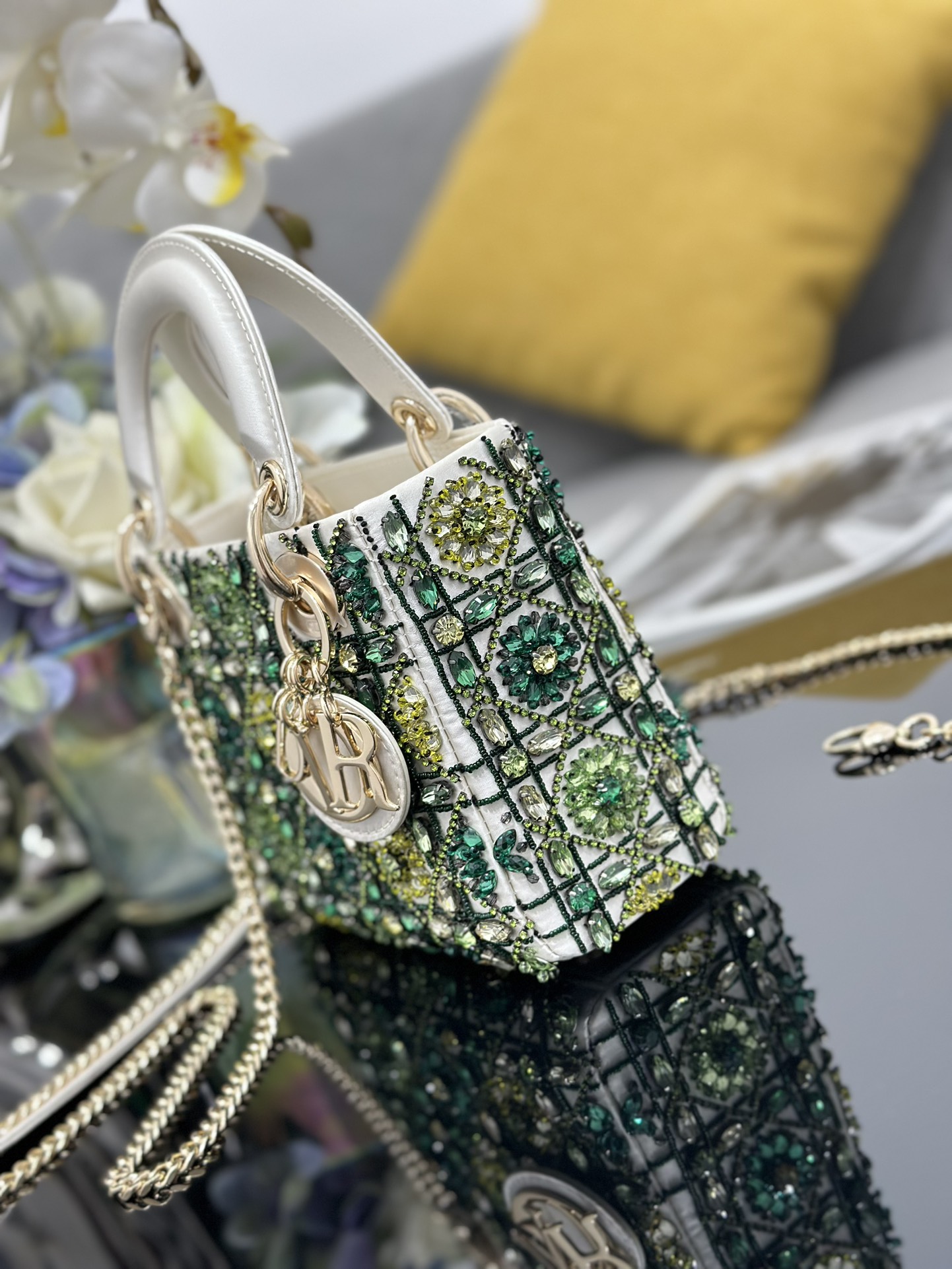 Mini Lady Dior Bag White Satin Embroidered with White Green Diamond